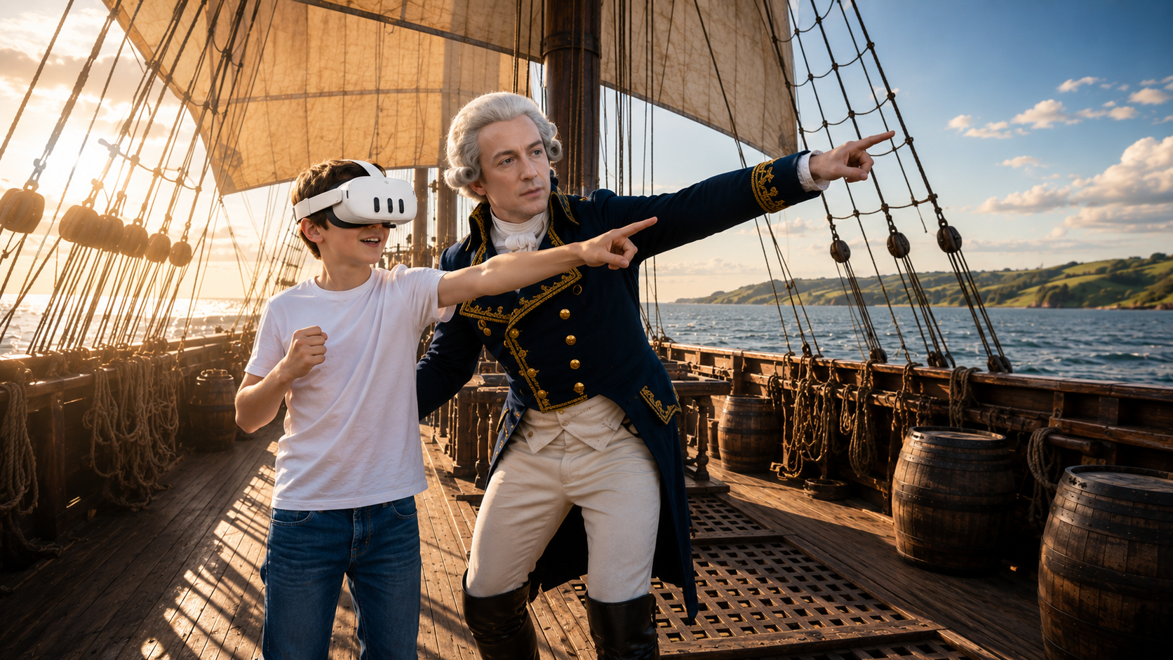 Child experiencing the America 250 virtual reality experience alongside the Marquis de Lafayette
